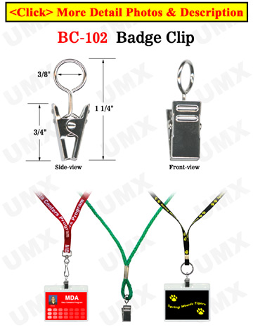 Metal Badge Clips with 3/8" Round Rings For Lanyard Straps, Round Cords, Braided Strings