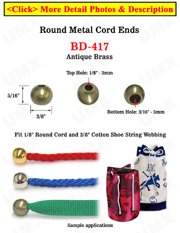 1/8"(D) Antique Brass Round Cord Ends: with 1/8"(D, Top Hole) x 3/16"(D, Bottom Hole)