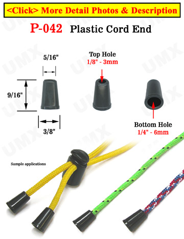 Round Cone Plastic Cord Ends: Cord Zipper Pulls with 1/8"(D, Top Hole) x 1/4"(D, Bottom Hole)