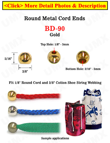 1/8"(D) Gold Finish Metal Cord Ends: Round Beads with 1/8"(D, Top Hole) x 3/16"(D, Bottom Hole)