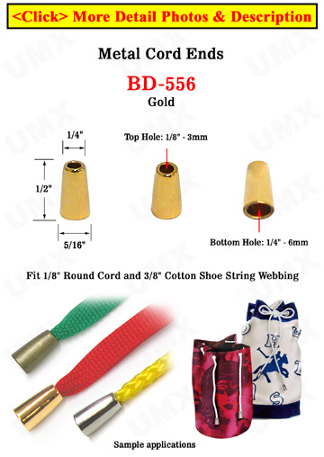 1/8"(D) Round Cone Shaped Gold Finish Metal Cord Ends: with 1/8"(D, Top Hole) x 1/4"(D, Bottom Hole)