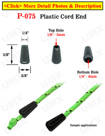 Narrow Round Cone Plastic Cord Closures: Cord Zipper Pulls with 1/8"(D, Top Hole) x 1/4"(D, Bottom Hole)