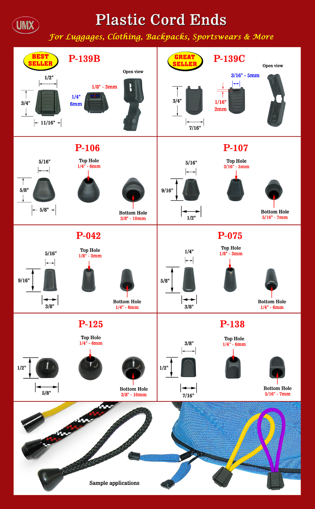 Overall View: Helpful Photo For Long Profile Rectangle Plastic Zipper Pulls: Cord End Closure with 3/16"(W) x 1/16"(H) Hole Buyer