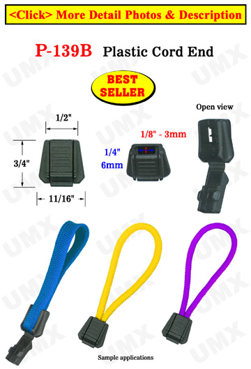 Short Profile Rectangle Plastic Cord End Closure with Clips: Zipper Pulls with 1/4"(W) x 1/8"(H) Hole