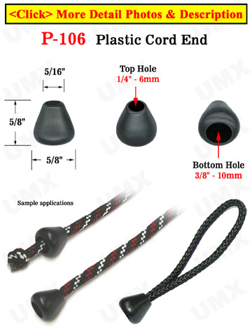 Round Cone Plastic Cord Ends: Cord End Closure with 1/4"(D, Top Hole) x 3/8"(D, Bottom Hole) 