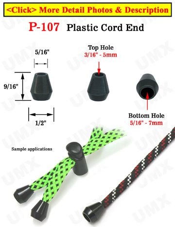 Round Cone Plastic Cord Closures: Cord Zipper Pulls with 3/16"(D, Top Hole) x 5/16"(D, Bottom Hole)