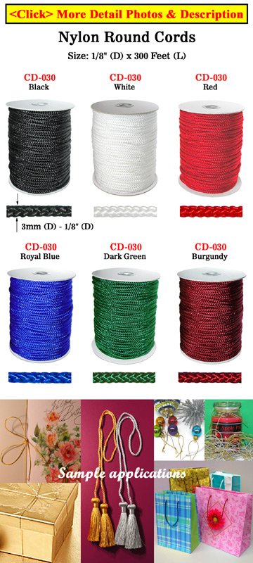Nylon Cords: Small Sample Order By The Foot - 1/8" (D) Nylon Round Cords