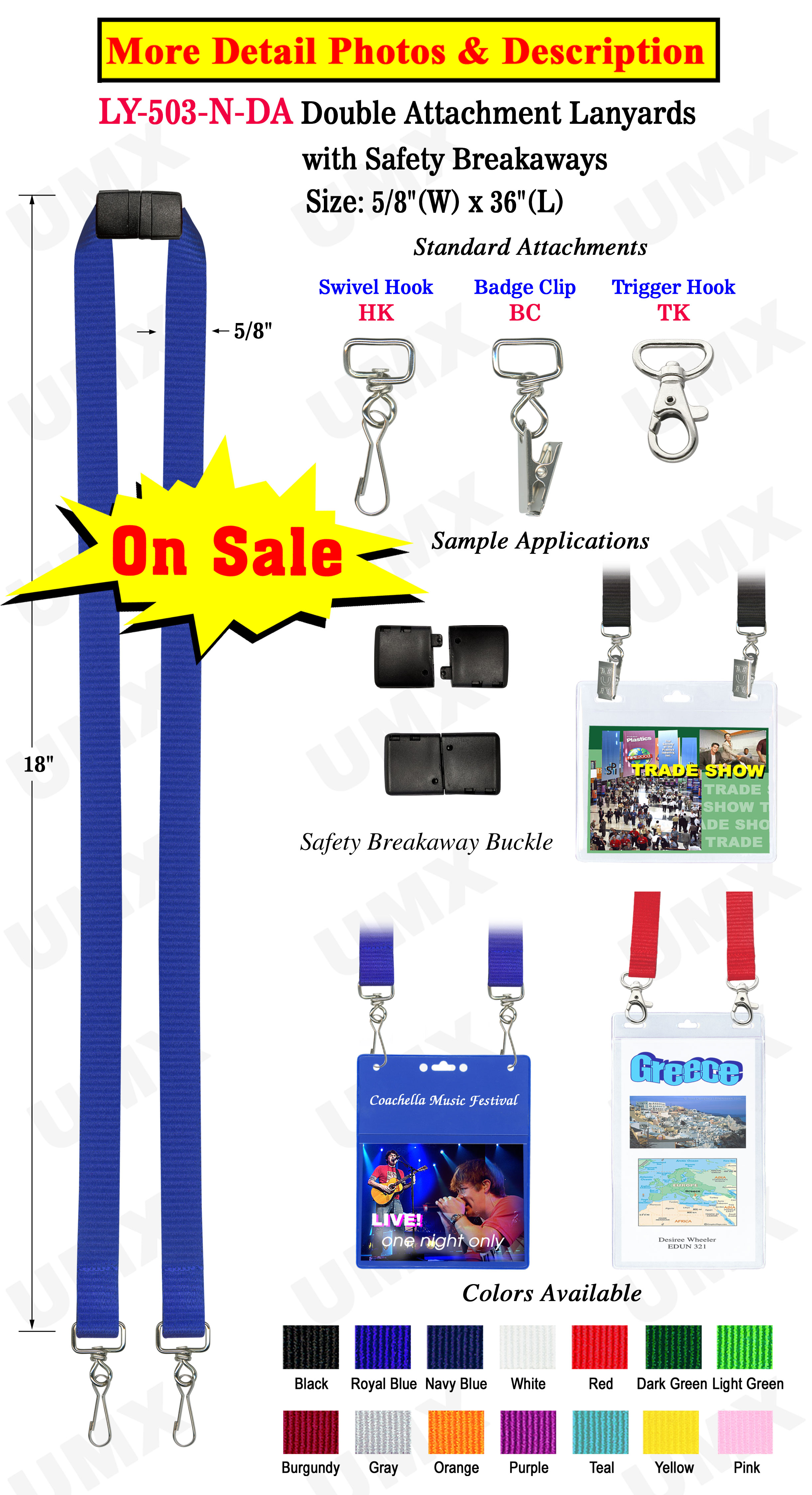 5/8" Exhibition Lanyards with Two Badge Clips or Hooks