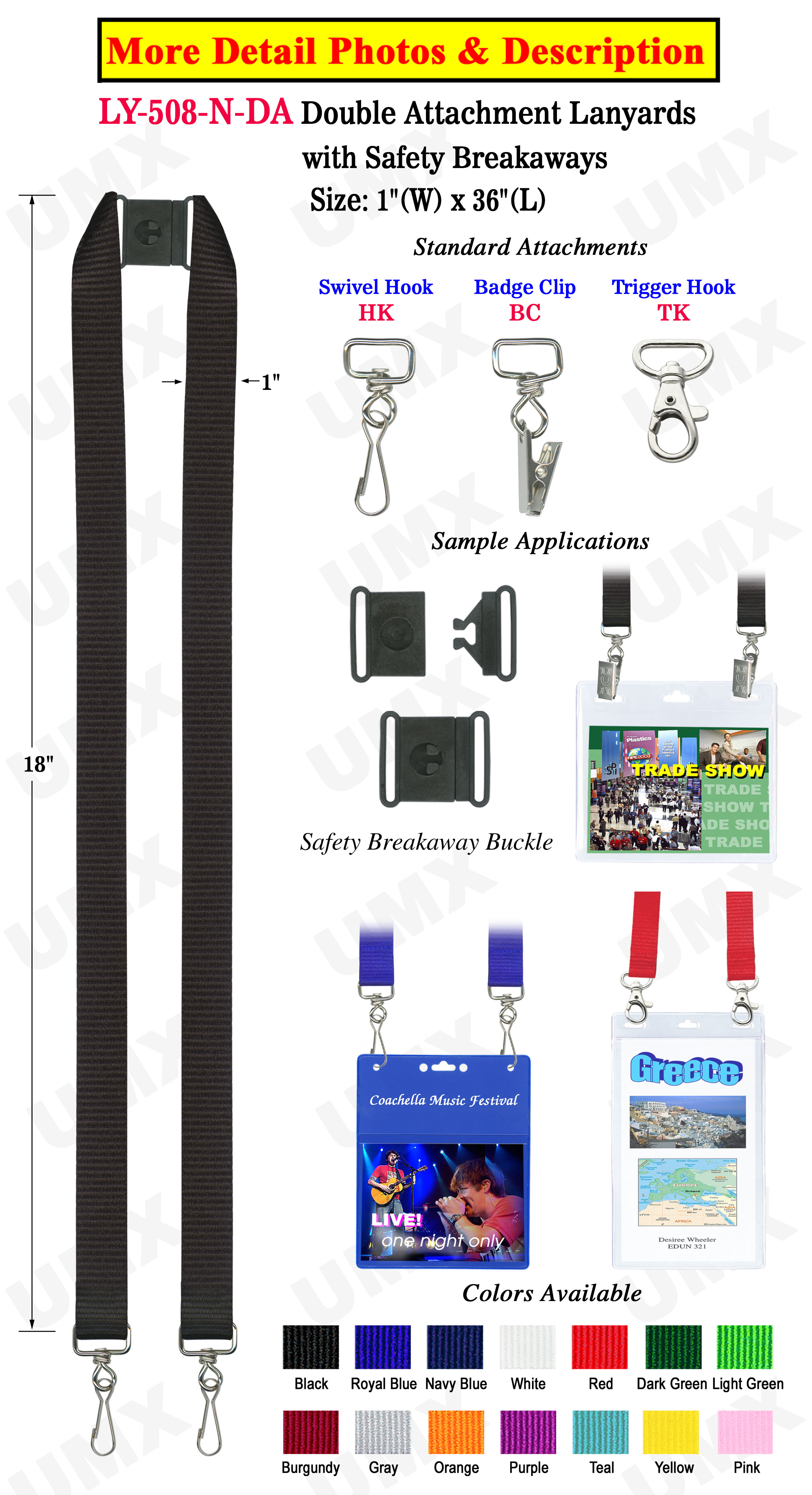 1" Big Sports Ticket Lanyards With Two Heavy Duty Hooks or Badge Clips