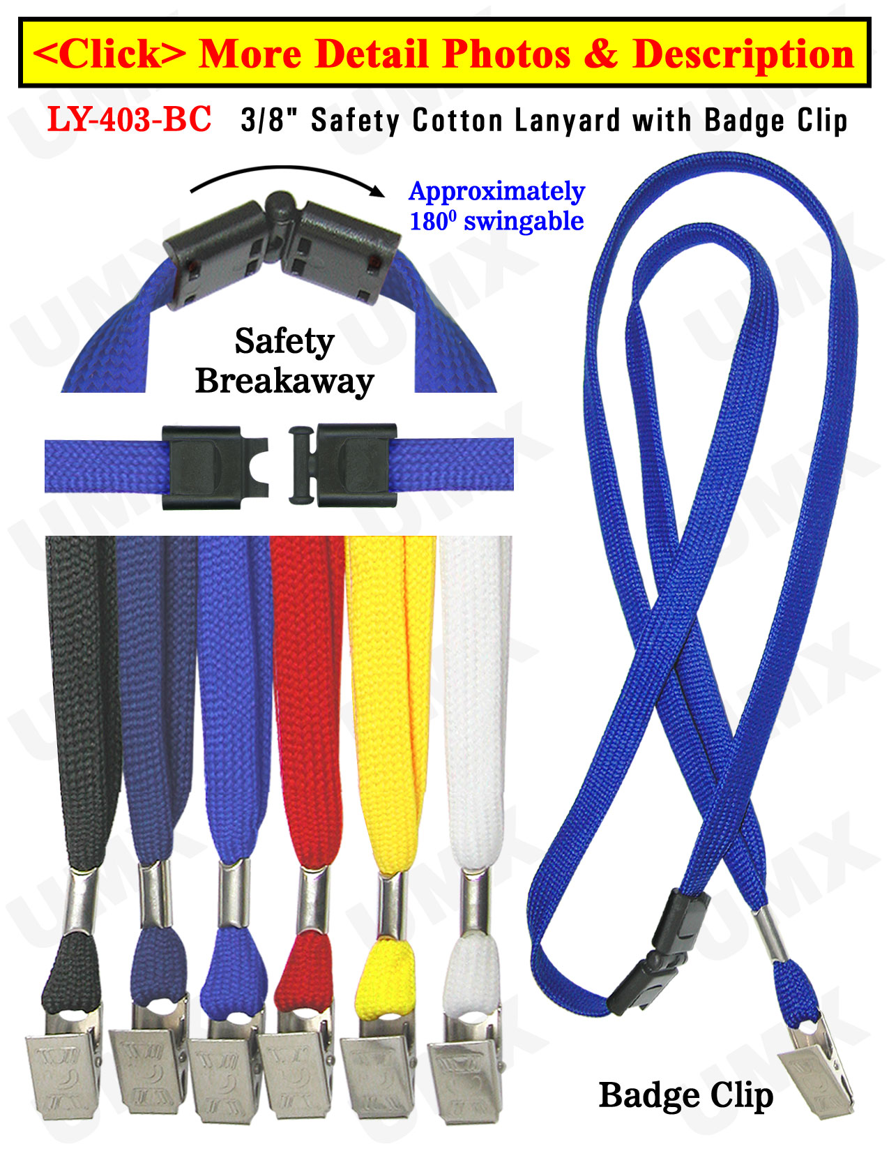 LY-403-BC 3/8" Safety Breakaway Blank Lanyards With Badge Holder Clips