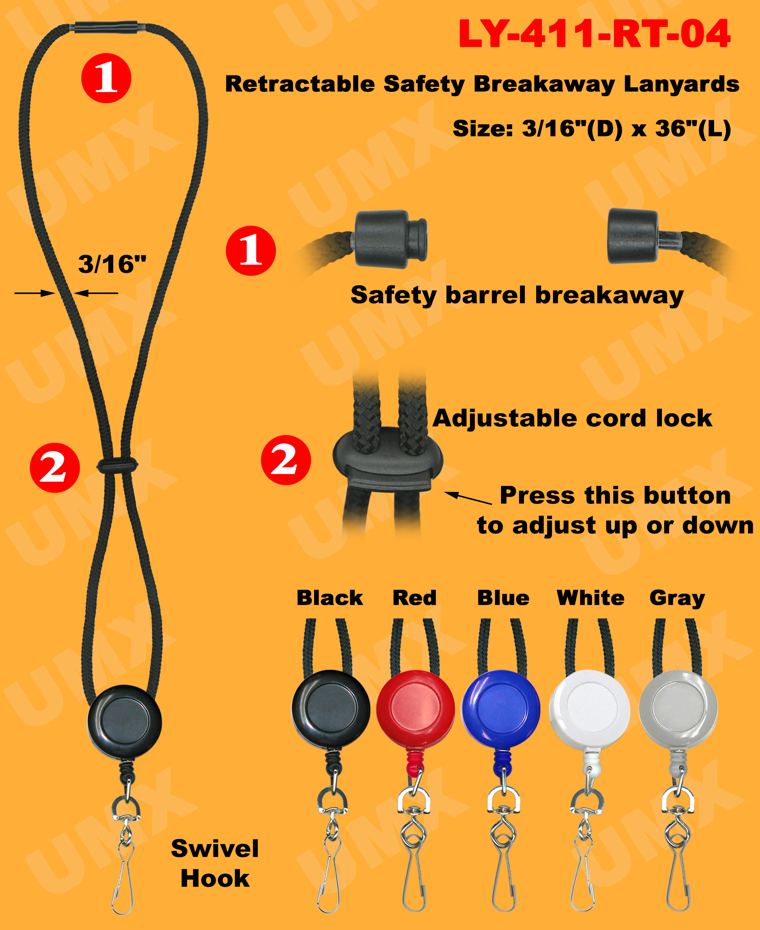 Retractable Safety Round Cord Lanyards With Metal Swivel Hooks 