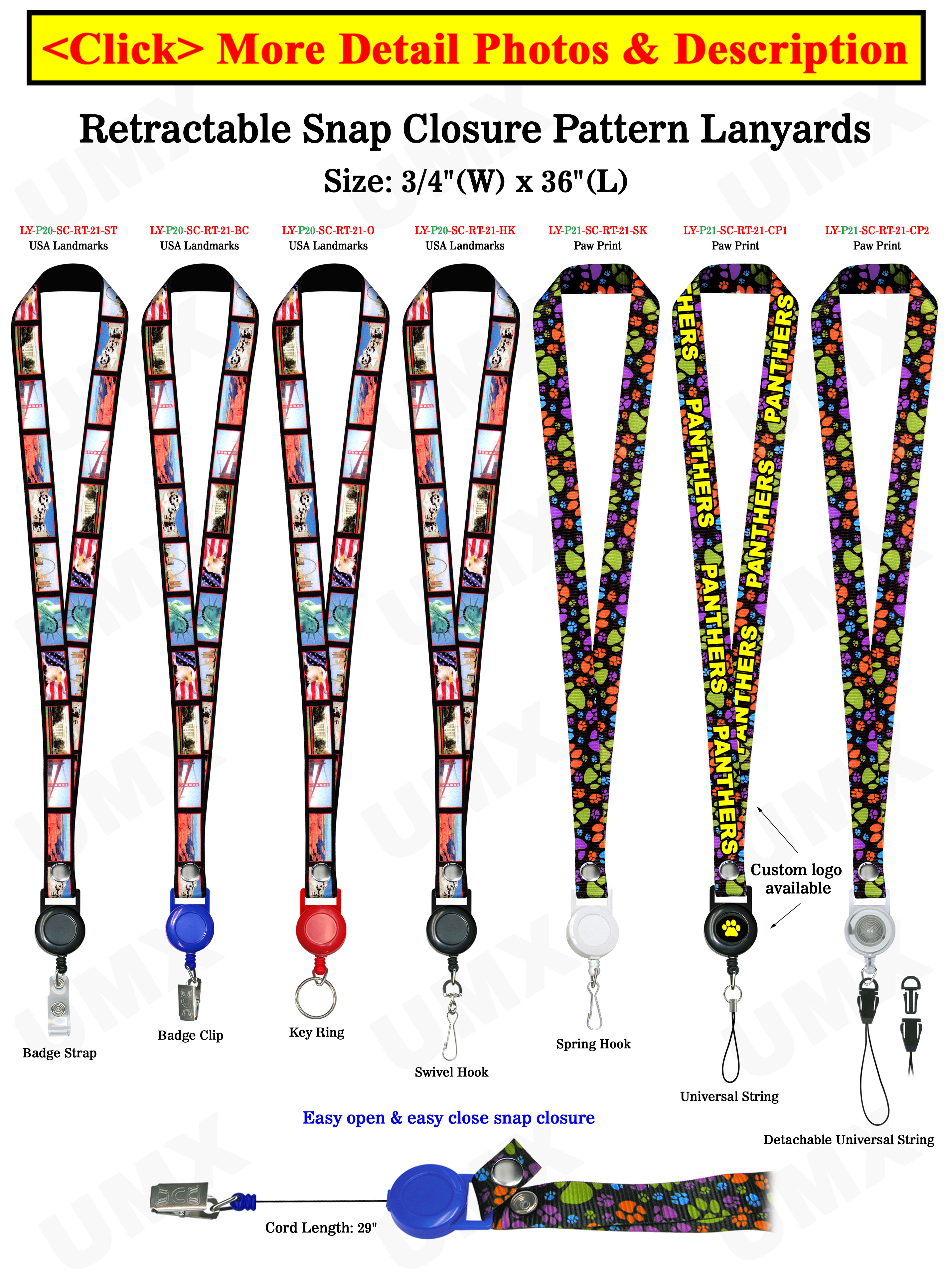 Retractable Identification Holder Lanyards: With 3/4" Art Printed Neck Straps