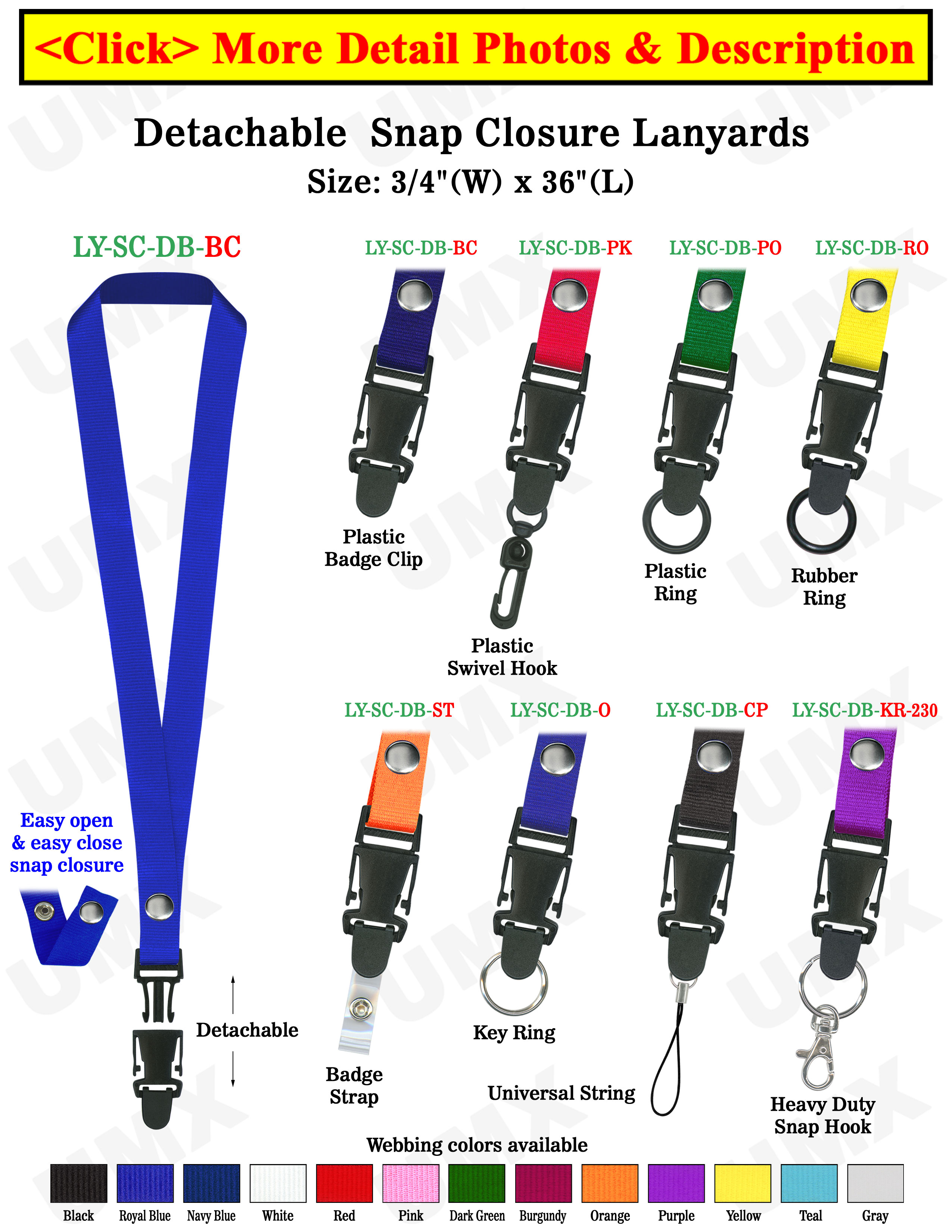 Detachable Lanyards: 3/4" Neck Straps: Snap Closure ID Card Holders