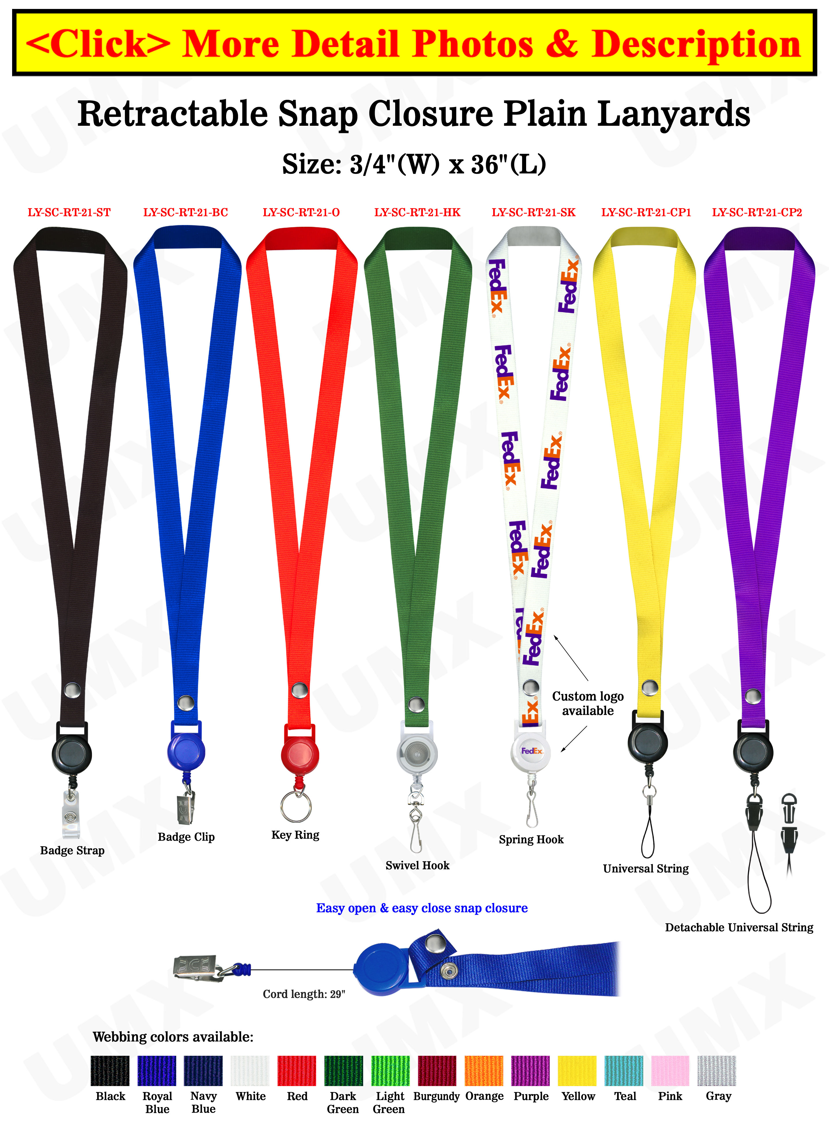 Retractable Name Holder Lanyards: with 3/4 Snap Closure Plain