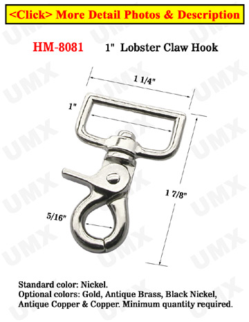 1" Rectangle Swivel Lobster Claw Snap Hooks: For Flat Rope