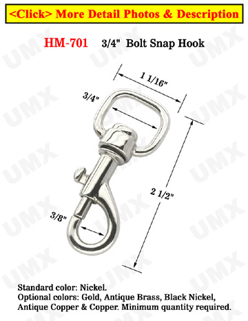 3/4" Square-Head Low Profile Bolt Snap Hooks: For Flat Straps 