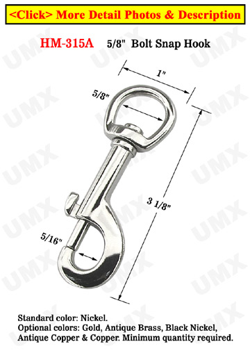 5/8" Semi-Round Head Metal Bolt Snap Hooks: For Round Cords and Flat Straps
