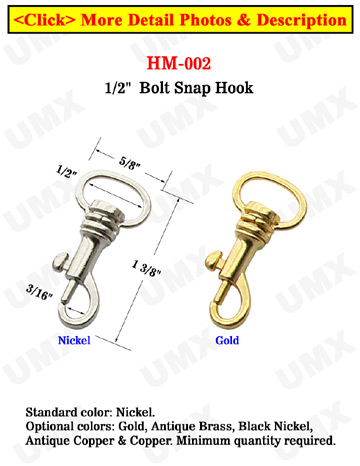 1/2" Oval Head Bolt Snaps: For Small Round Cords or Flat Straps