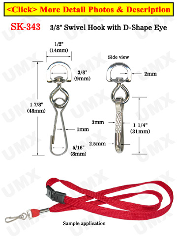 3/8" Most Popular D-Eye Swivel Hooks: For  Round Cords or Flat Straps