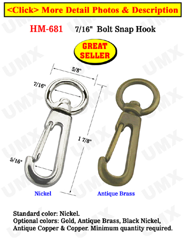 7/16" Nickel & Antique Brass Spring Wire Gate Bolt Snap Hooks: For Small Round or Flat Cords