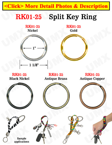 Metal Key Rings: 1" Steel Keyrings: Gold, Antique Brass, Copper, Nickel and Black Nickel