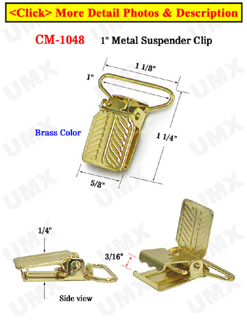 1" Engraved Tip Metal Suspender Clips Without Plastic PVC Teeth: Brass Color
