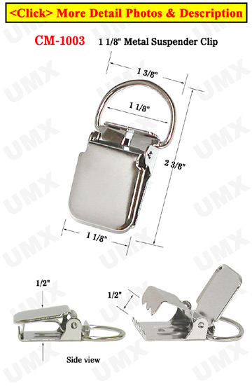 1 1/8" D-Eye Heavy Duty Metal Suspender Clips With Strong Locking Jaw Without Plastic PVC Teeth: Nickel Color